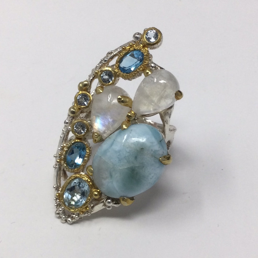 Genuine Larimar, Moonstones & Topaz Ring