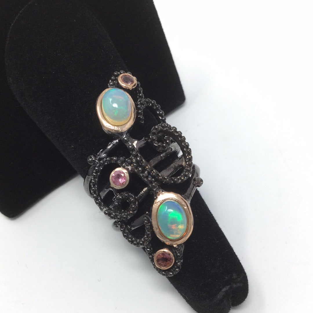 Genuine Fiery Opals & Pink Tourmaline Ring