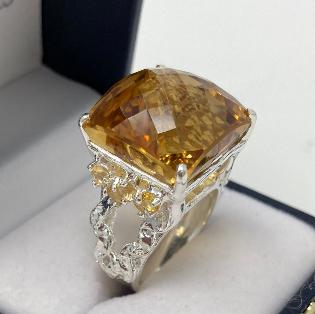 Huge Genuine Citrine Checkerboard Faceted Ring