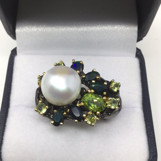 Intriguing Genuine Pearl, Black Opal Ring