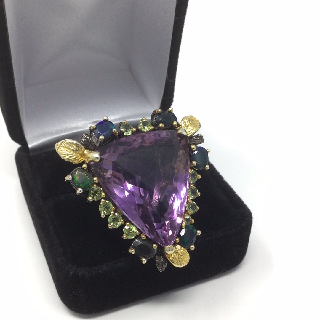 Genuine Amethyst & Black Opal Trillion Cut Ring