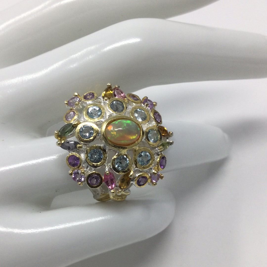 Exquisite Genuine Tourmalines & Opal Ring