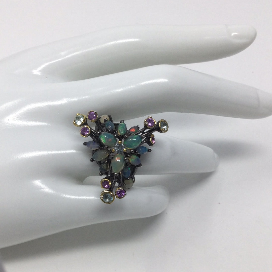 Galaxy of Genuine Opals, Amethyst & Topaz Ring