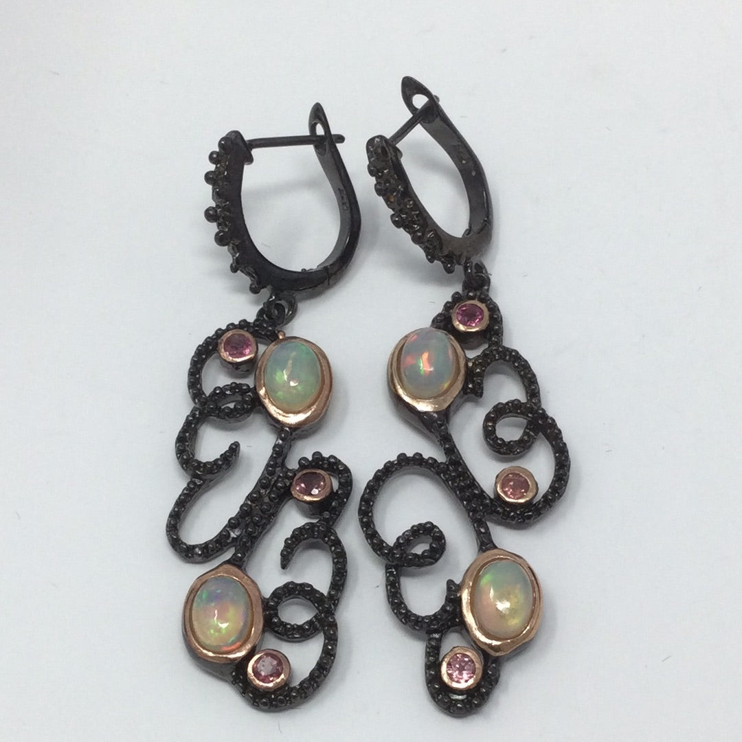 Genuine Fiery Opal & Pink Tourmaline Earrings