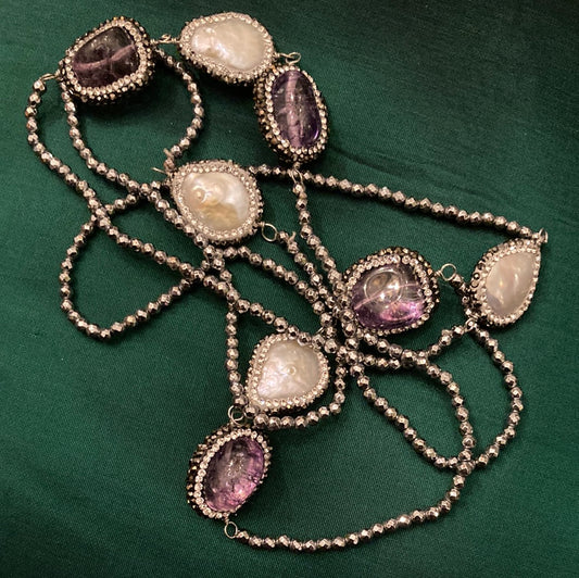 Genuine Amethysts & Baroque Pearls Necklace