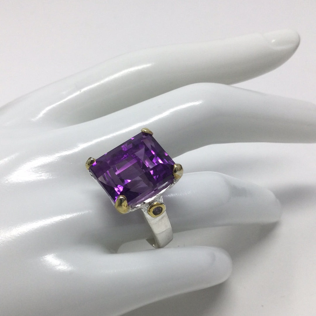 Classy Genuine Emerald Cut Amethyst Ring