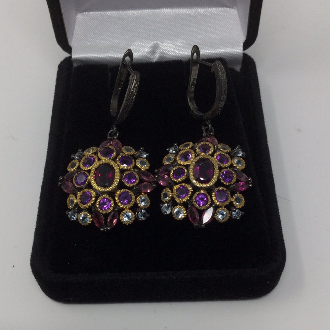 Genuine Garnet, Amethyst & Topaz Earrings