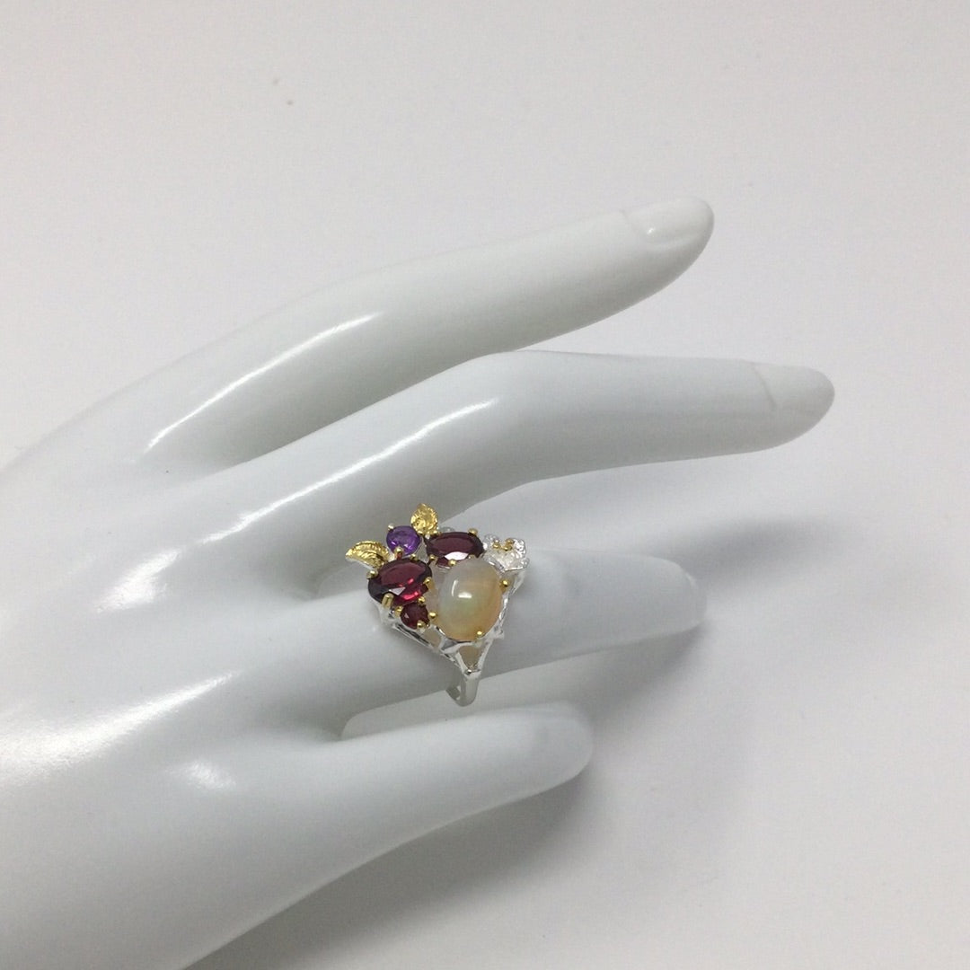 Genuine Opal, Garnets & Amethyst Ring