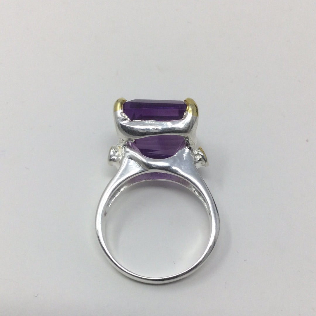 Classy Genuine Emerald Cut Amethyst Ring