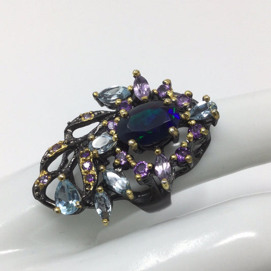 Genuine Black Opal with Topaz & Amethysts & Amethyst