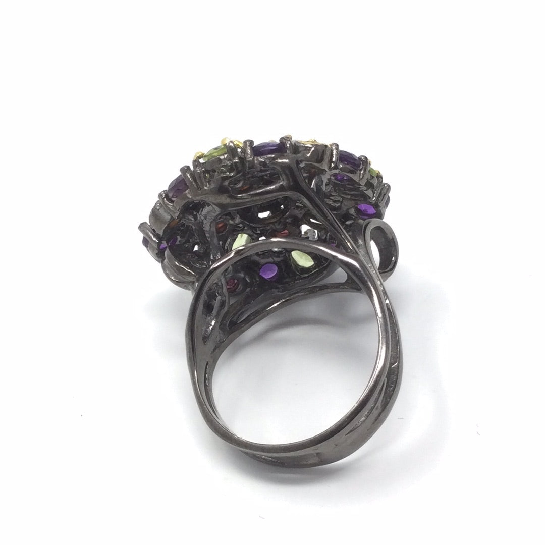 Genuine Fiery Opal, Amethysts, Garnets & Peridot Ring