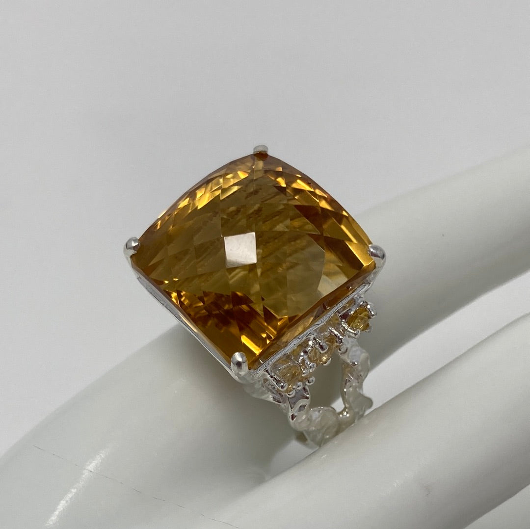 Huge Genuine Citrine Checkerboard Faceted Ring