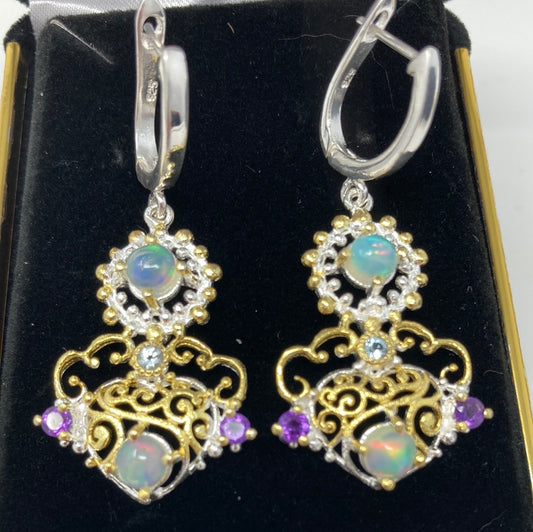Genuine Fiery Opals and Amethyst Earrings