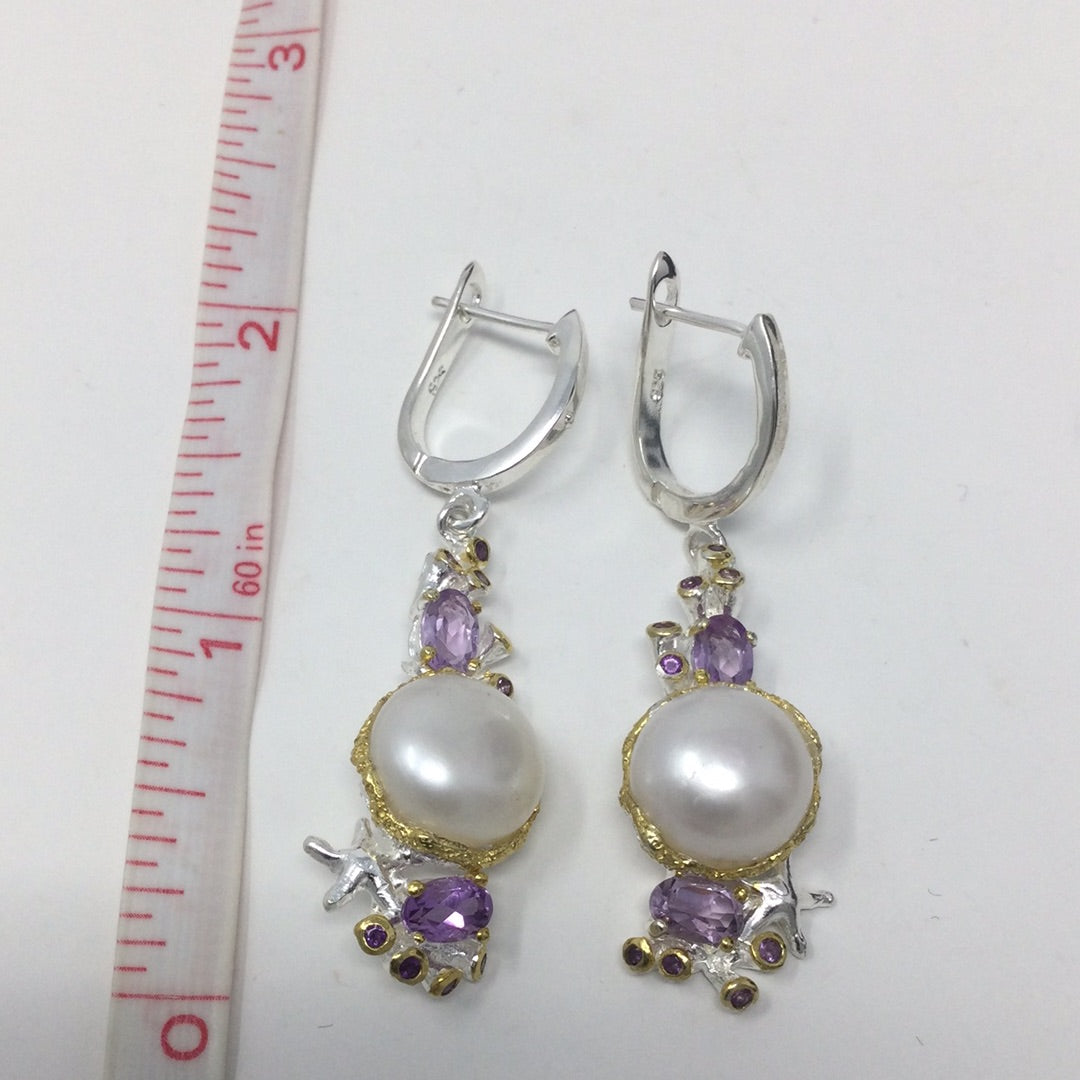 Genuine Pearl & Amethyst Earrings