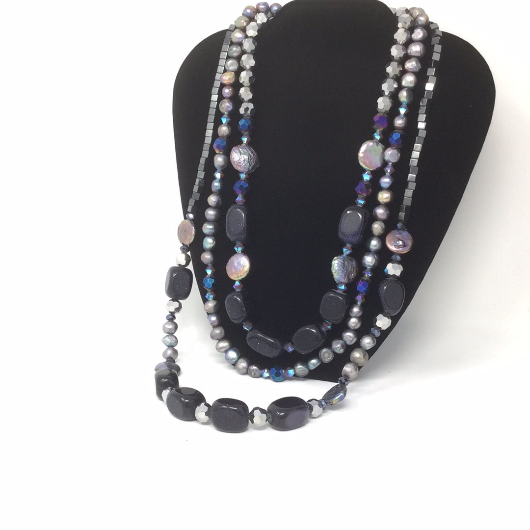 Starry Night Blue Goldstone & Freshwater Pearl Necklace | Handmade Artist Orginal