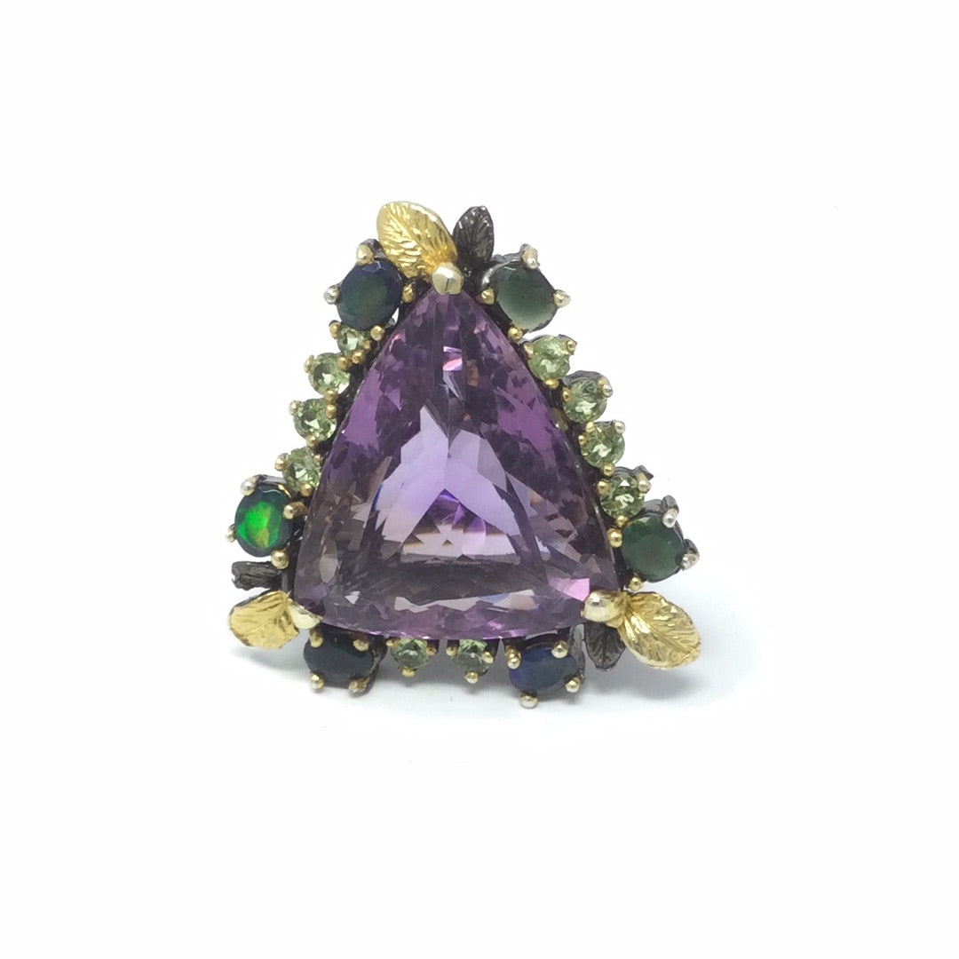 Genuine Amethyst & Black Opal Trillion Cut Ring