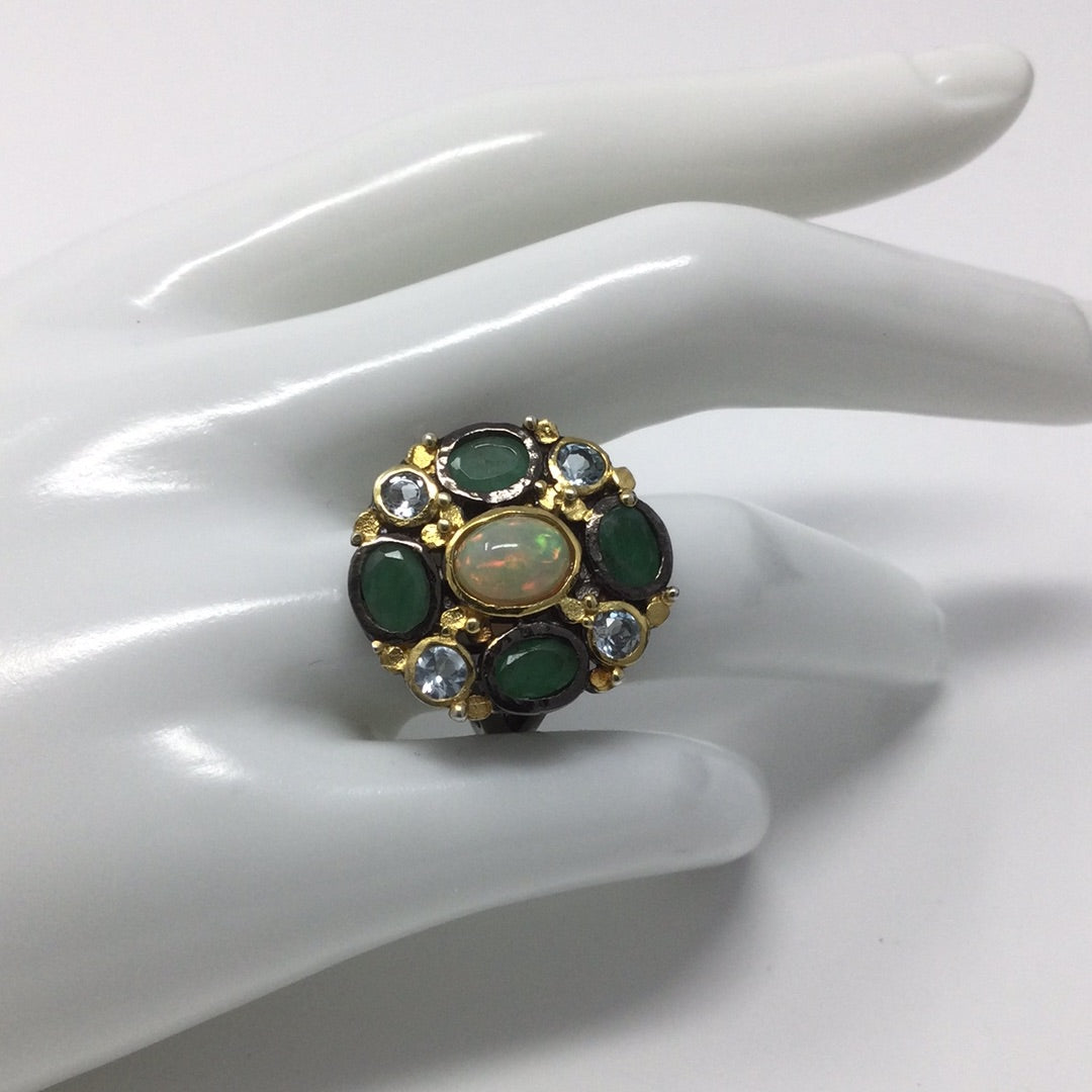 Gorgeous Genuine Opal & Emerald Ring