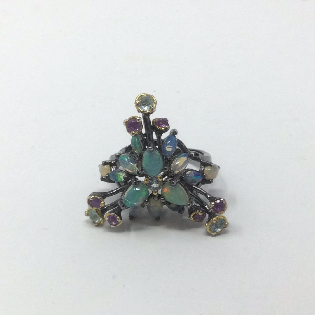 Galaxy of Genuine Opals, Amethyst & Topaz Ring