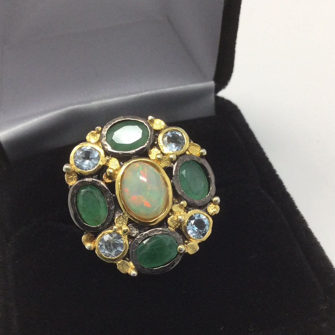 Gorgeous Genuine Opal & Emerald Ring