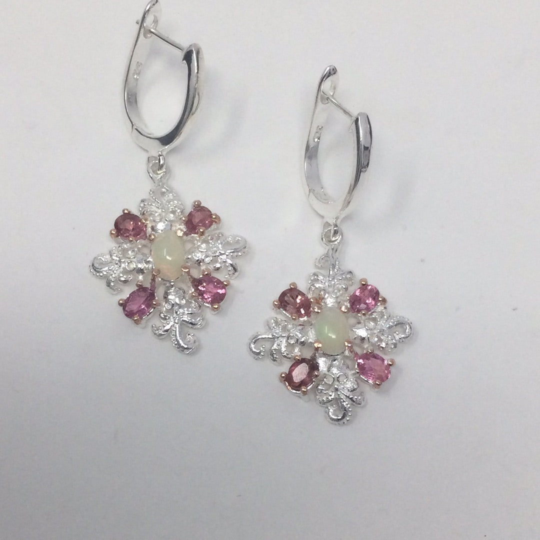 Passionate Pink Genuine Tourmaline & Opal Earrings