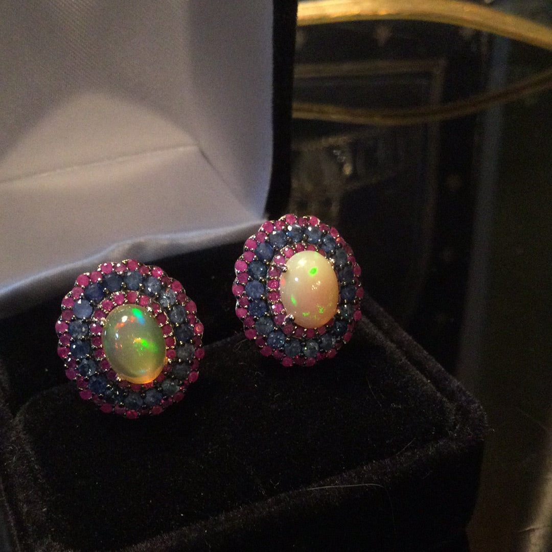 Genuine Fiery Opal, Sapphire & Rubies Earrings