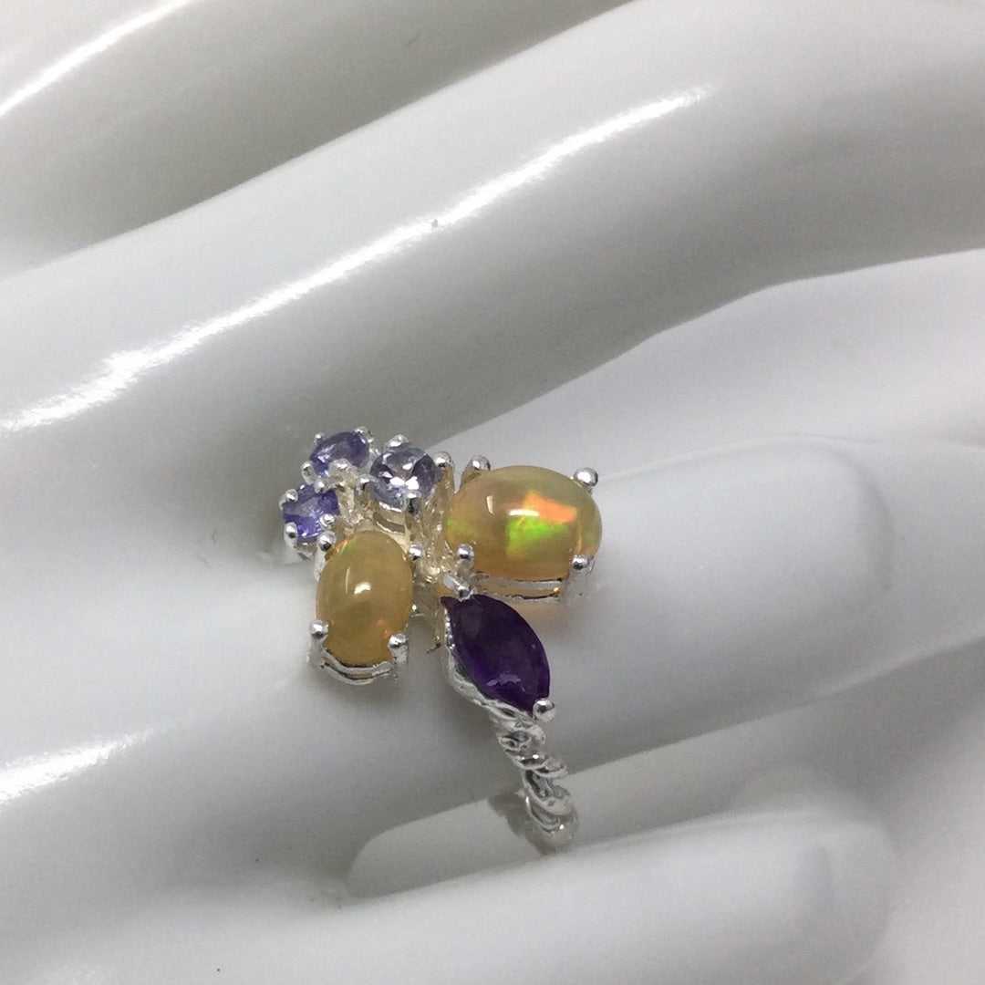 Genuine Opals, Tanzanites & Amethyst Ring