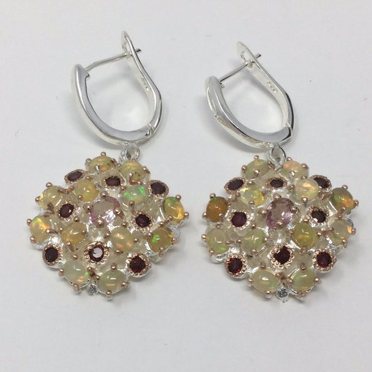 Genuine Pink Tourmaline, Opals & Garnet Earrings