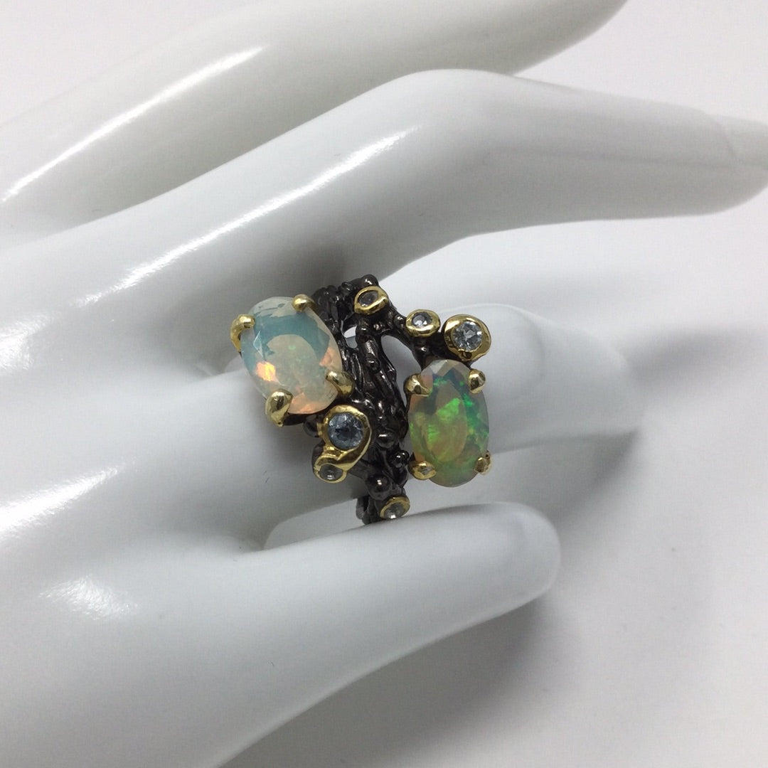 Duo of Fiery Faceted Opals Ring