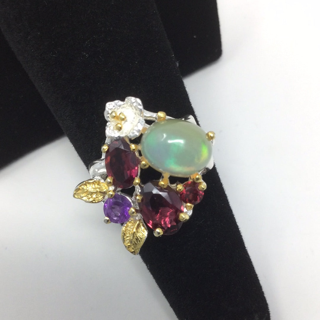 Genuine Opal, Garnets & Amethyst Ring