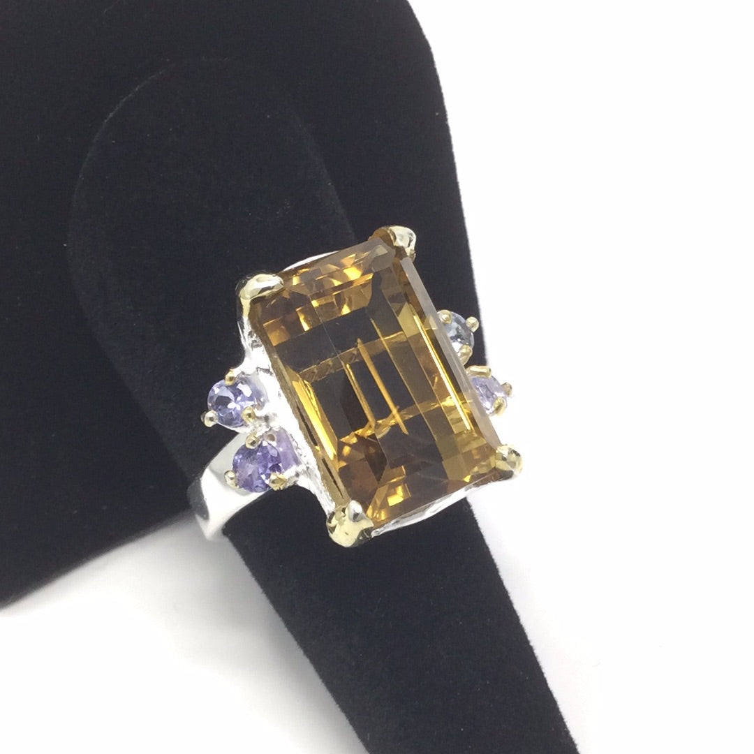 Titillating 30 CTW Genuine Citrine & Tanzanite Ring