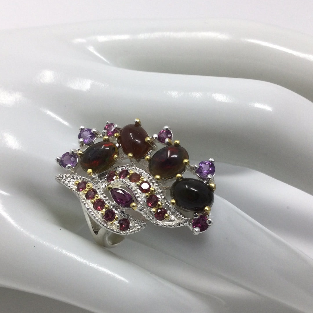 Mysterious Genuine Black Opals & Garnet Ring