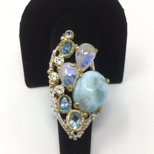 Genuine Larimar, Moonstones & Topaz Ring