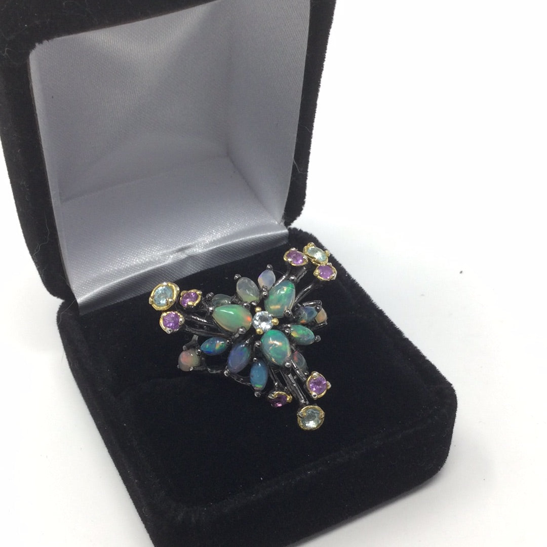 Galaxy of Genuine Opals, Amethyst & Topaz Ring