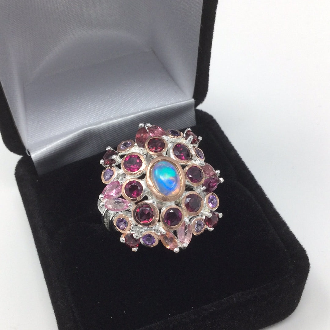 Genuine Opal, Tourmaline & Garnet Ring