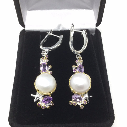 Genuine Pearl & Amethyst Earrings