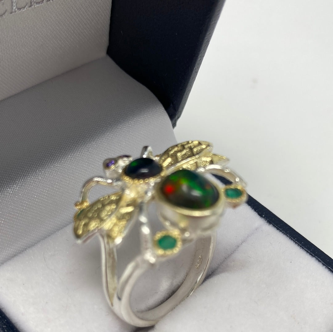 Genuine Black Opal Bee Ring.