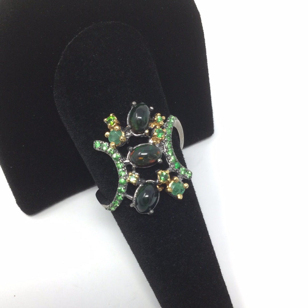 Genuine Black Opals & Emeralds & Tsavorsite Garnet  Ring