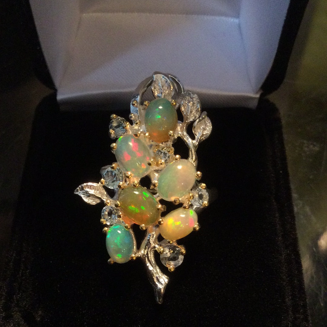 Splendid Genuine Fiery Opal & Topaz Ring