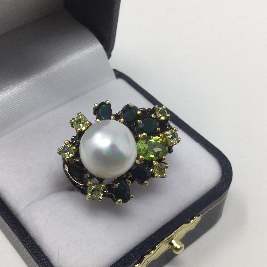 Intriguing Genuine Pearl, Black Opal Ring