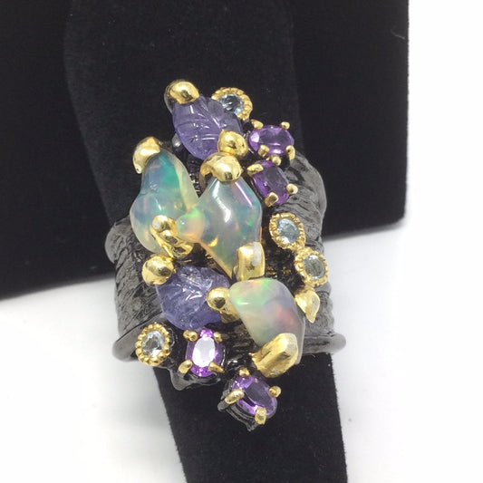 Genuine Fiery Opals, Tanzanite & Amethyst Ring