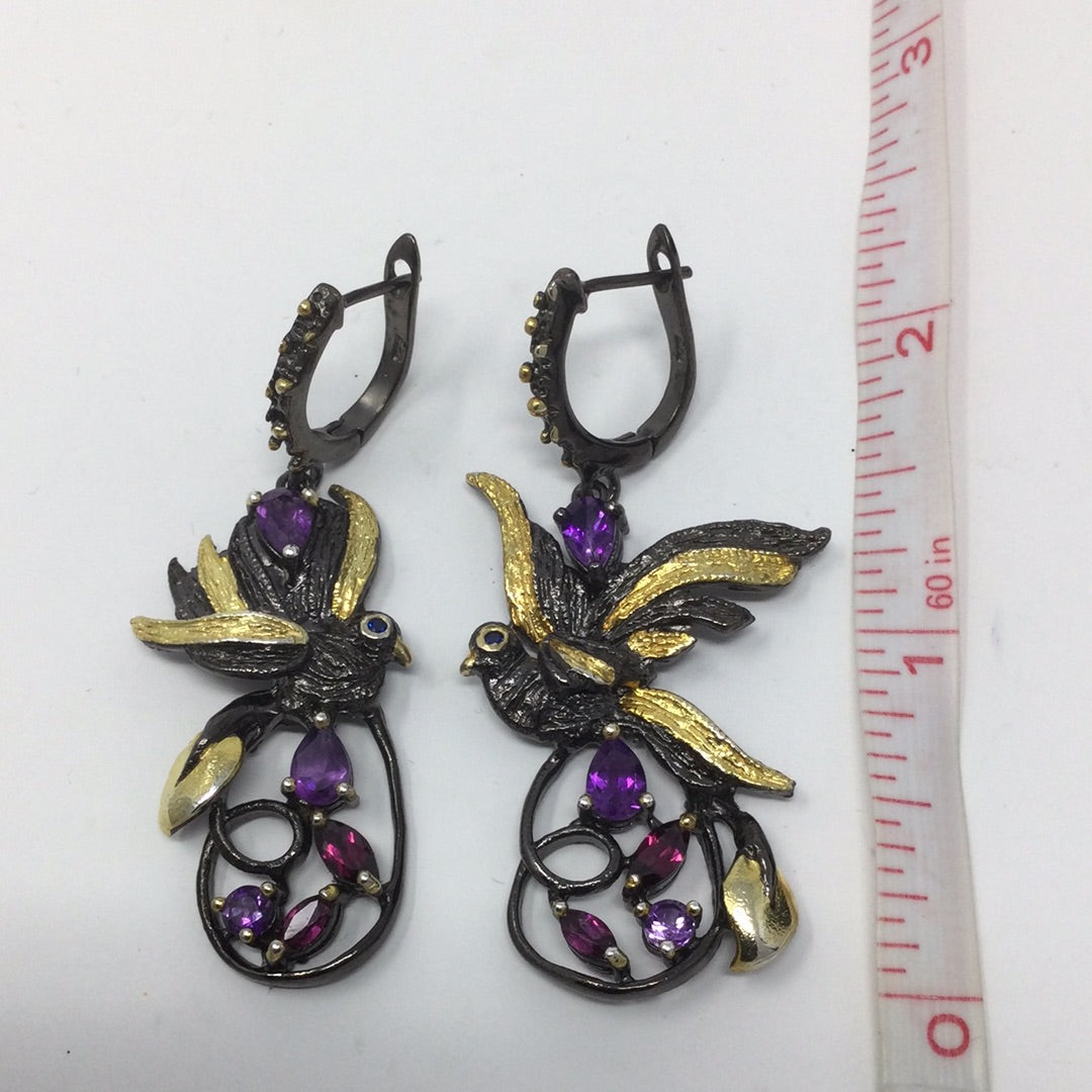 Precious Amethyst & Garnet Bird Earrings