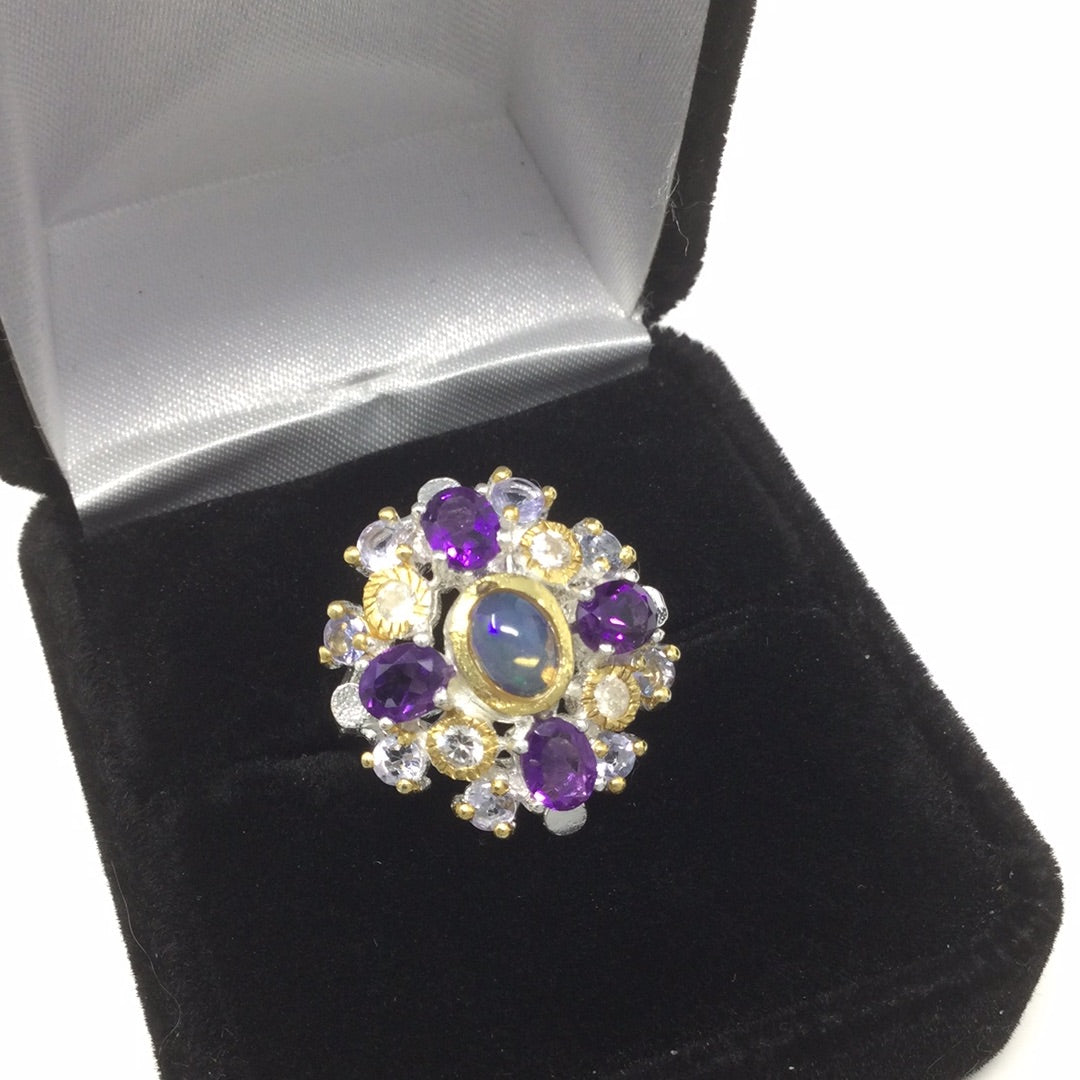 Genuine Opal, Tanzanite & Amethyst Ring