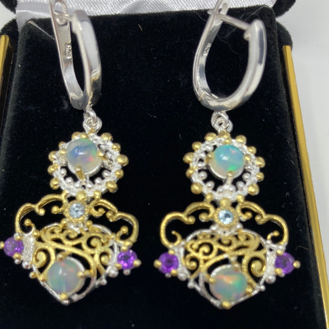 Genuine Fiery Opals and Amethyst Earrings