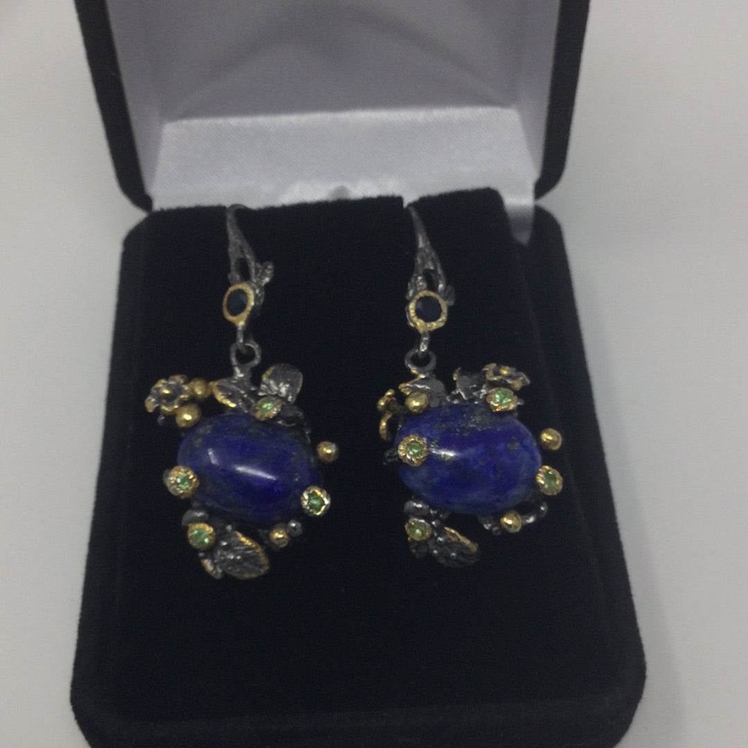 Genuine Lapis Lazuli, Emerald & Sapphire Earrings