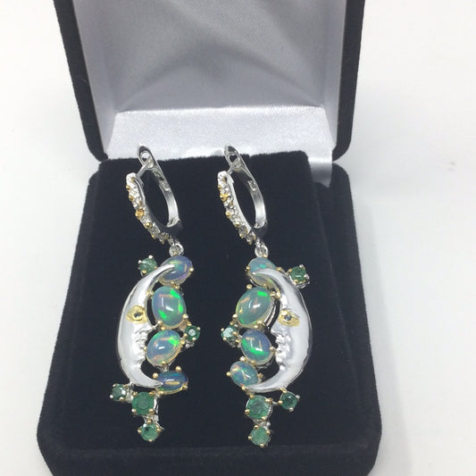 Man In The Moon, Genuine Opals & Emerald Earrings