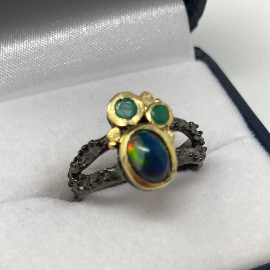 Genuine Black Opal & Emerald Ring