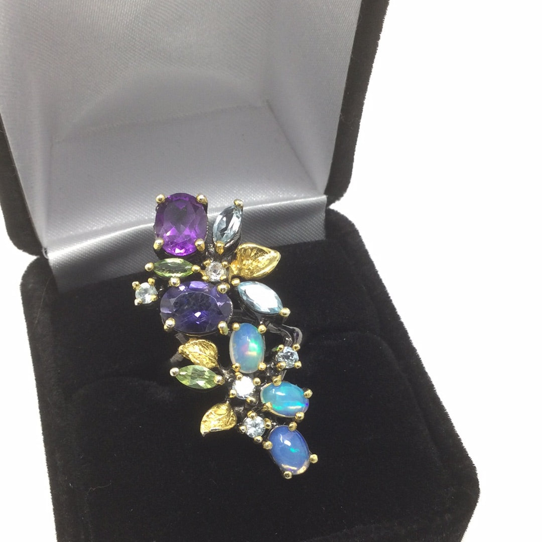 Exceptional Genuine Amethyst, Iolite, Opals & Gemstones Ring