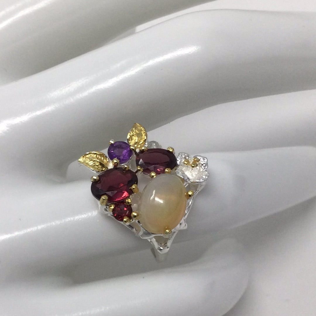 Genuine Opal, Garnets & Amethyst Ring