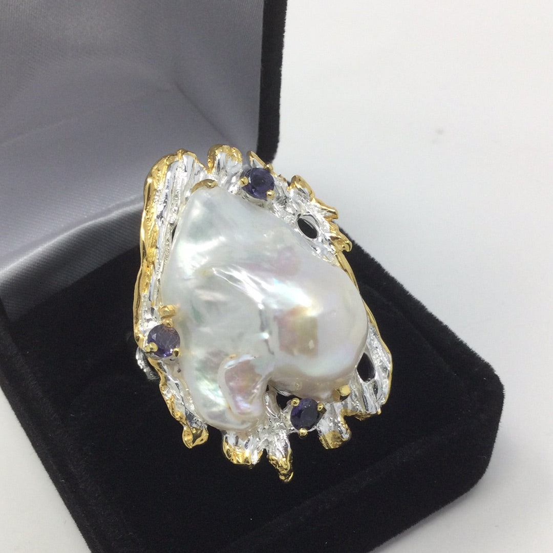 Genuine Large Rare Baroque Pearl Ring