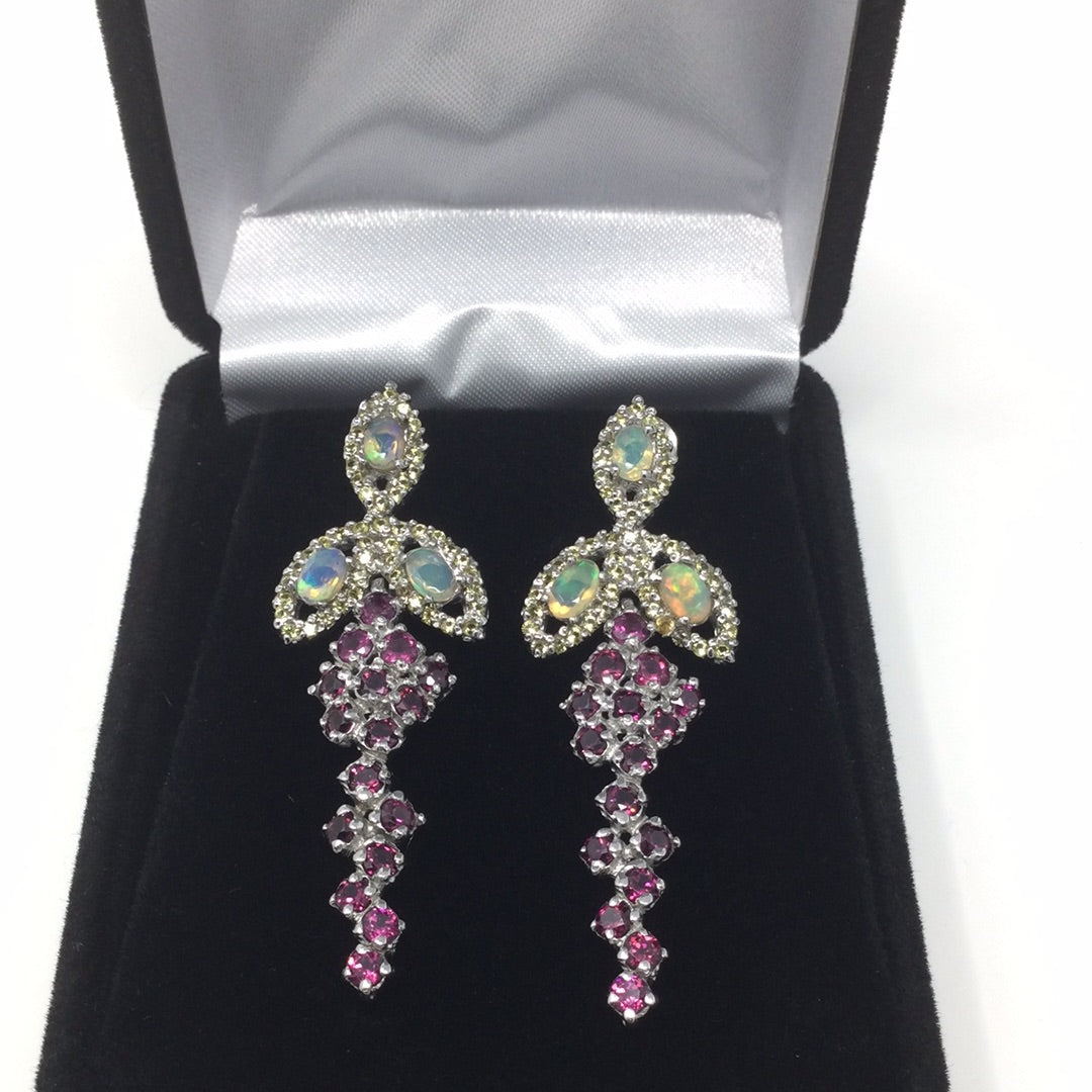 Genuine Opal, Garnet & Sapphire Earrings